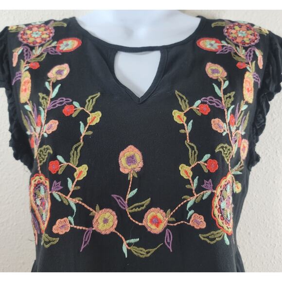 Entro Black Multicolor Embroidered Floral Peasant Top Small Lightweight Flowy - Picture 5 of 6